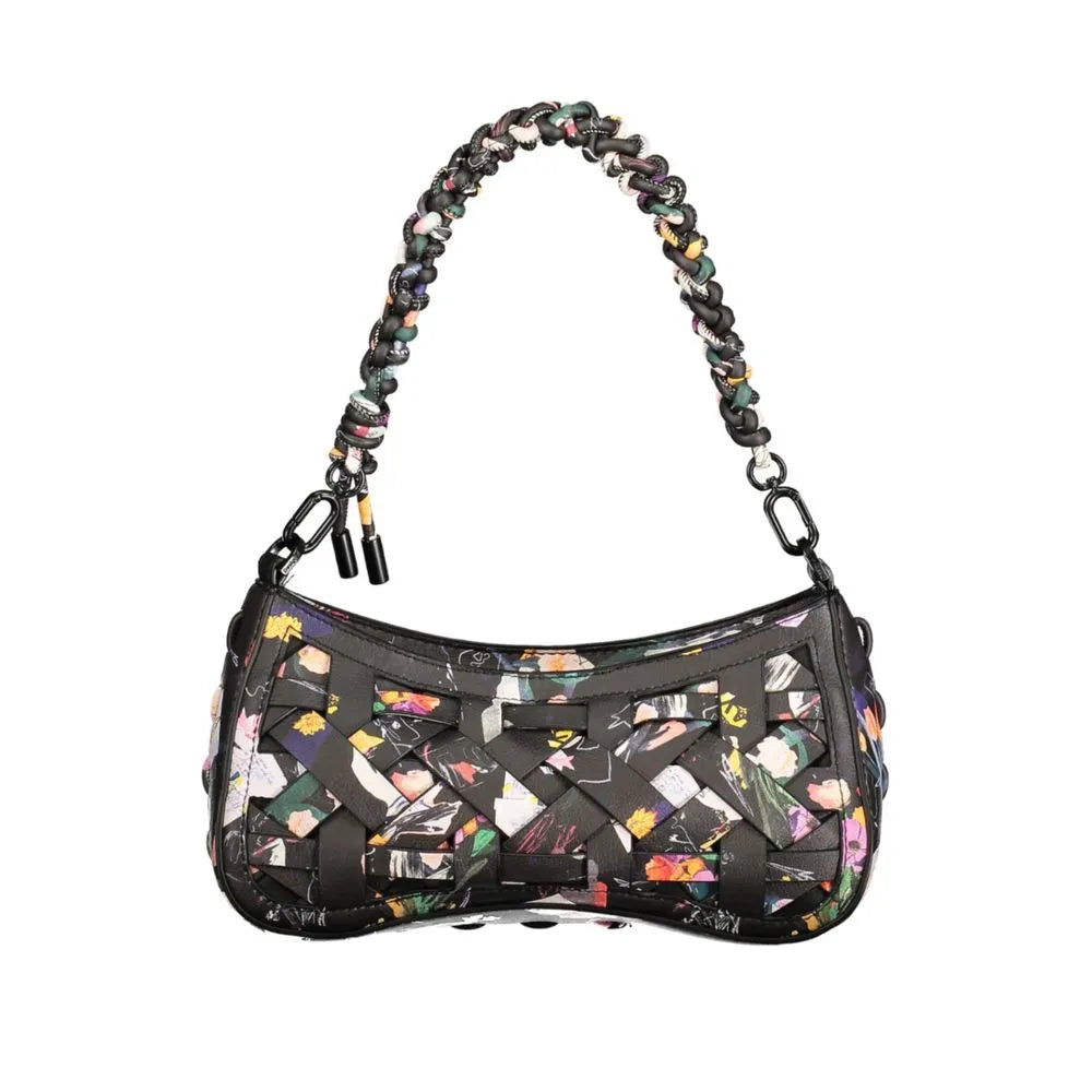 Desigual Nero Poliuretano women's bag with vibrant multi-color abstract woven design and braided handle.