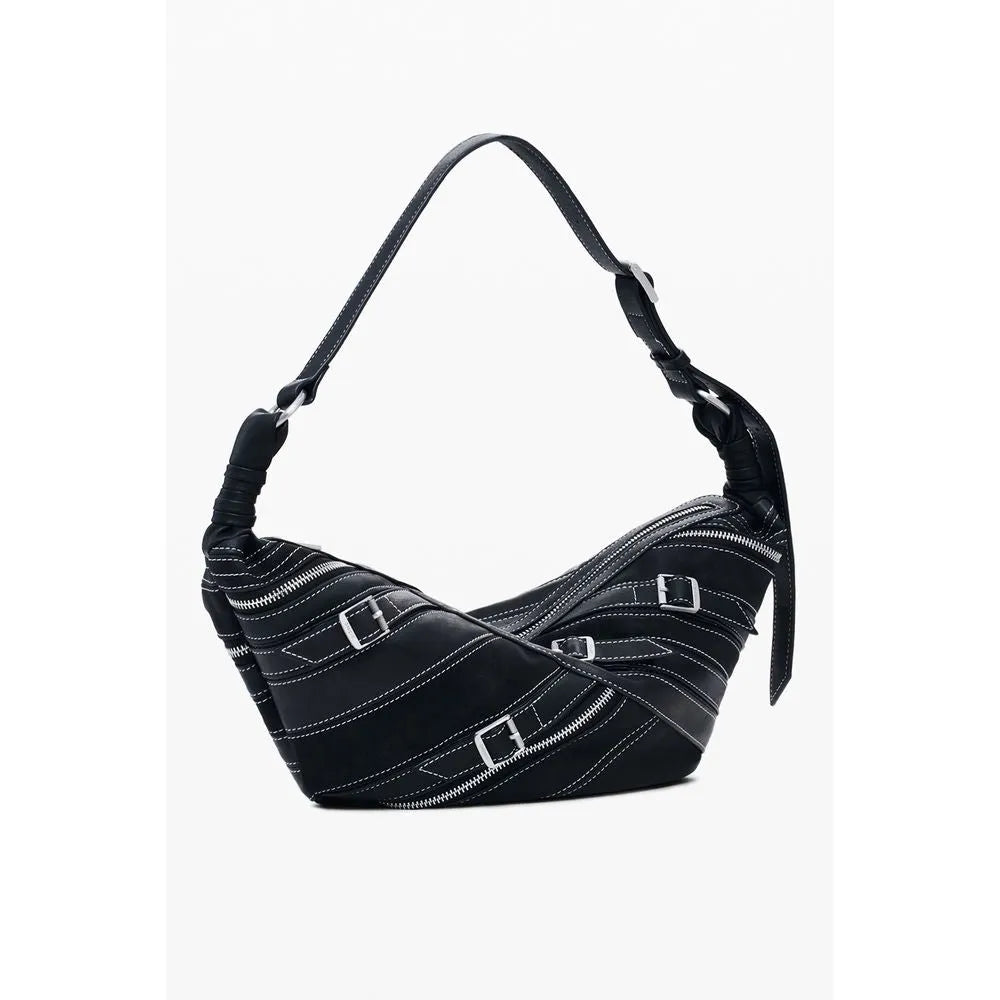 Black poliuretano crescent shoulder bag featuring silver zippers, buckles, and white contrast stitching.