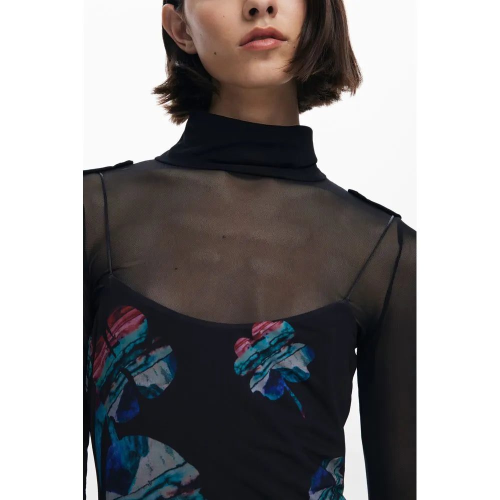 Black Desigual polyester dress with sheer high-neck long-sleeve T-shirt overlay and colorful watercolor clover pattern.