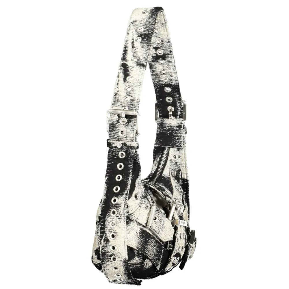Desigual Nero mini bag with distressed black & white pattern, silver grommets, buckles, and adjustable strap.