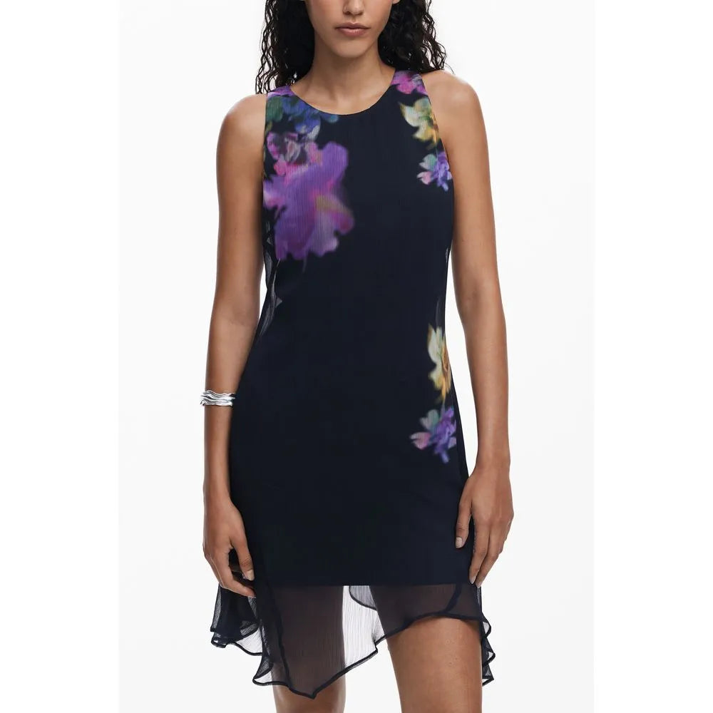 Nero polyester women's sleeveless NALA dress featuring vibrant floral print and sheer ruffled hem.