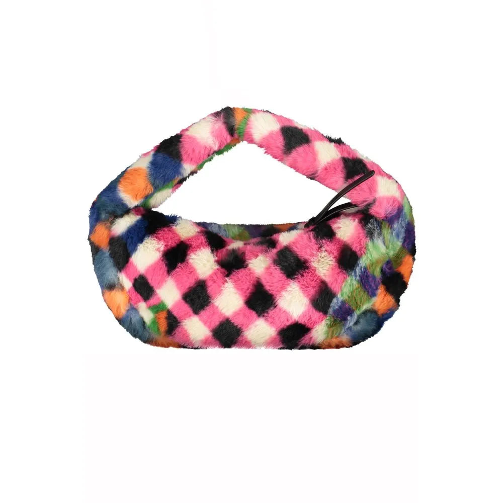 Desigual women's vibrant multi-color faux fur handbag with a checkered pattern, soft top handle, and slouchy crescent shape.
