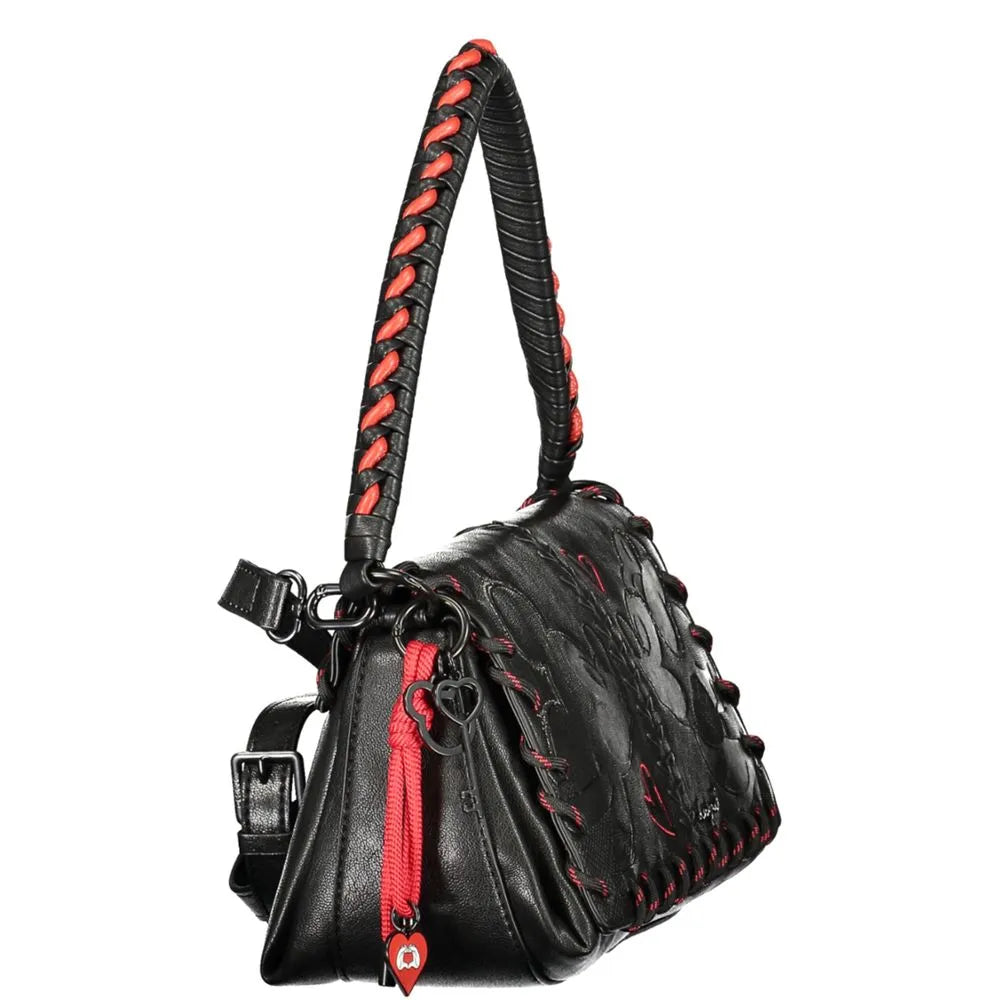Black Desigual polyurethane flap handbag with red braided handle, contrasting red stitching, and Mickey embroidery.