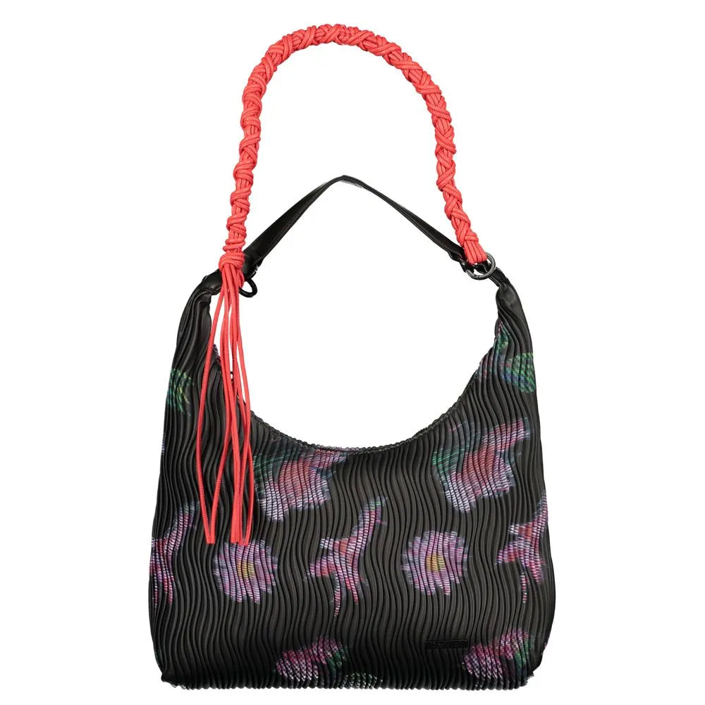 DESIGUAL Xenon Samara black polyurethane hobo bag with colorful floral print and braided coral handle.