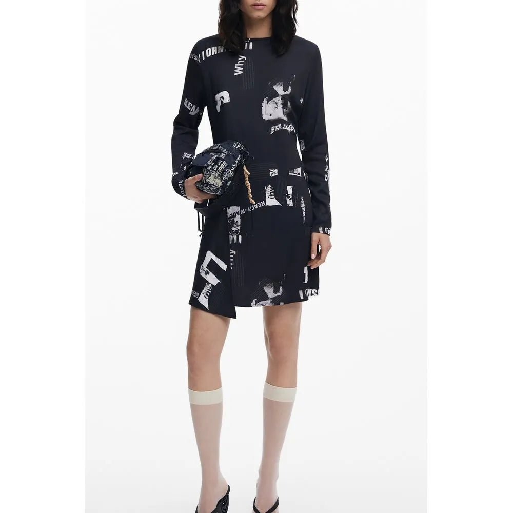 Desigual Nero Viscosa women's short dress with bold white text print, long sleeves, and asymmetrical hem.