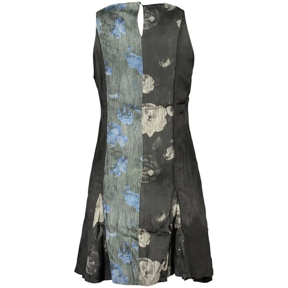 Nero Viscosa women's short dress with contrasting blue and grey floral patterns, keyhole back, and flared hem.