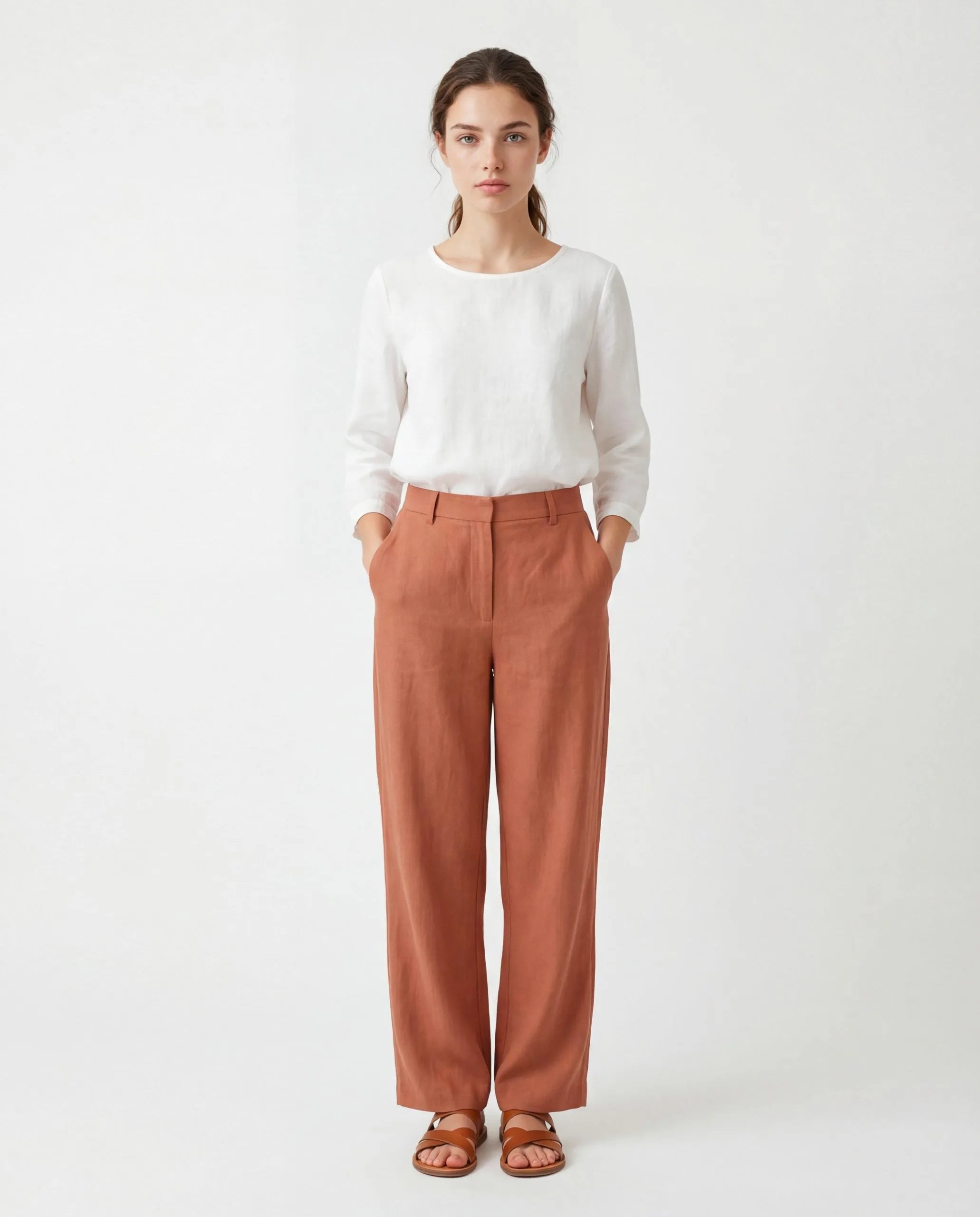 Brunello Cucinelli women's clay viscose linen blend wide-leg casual pants.