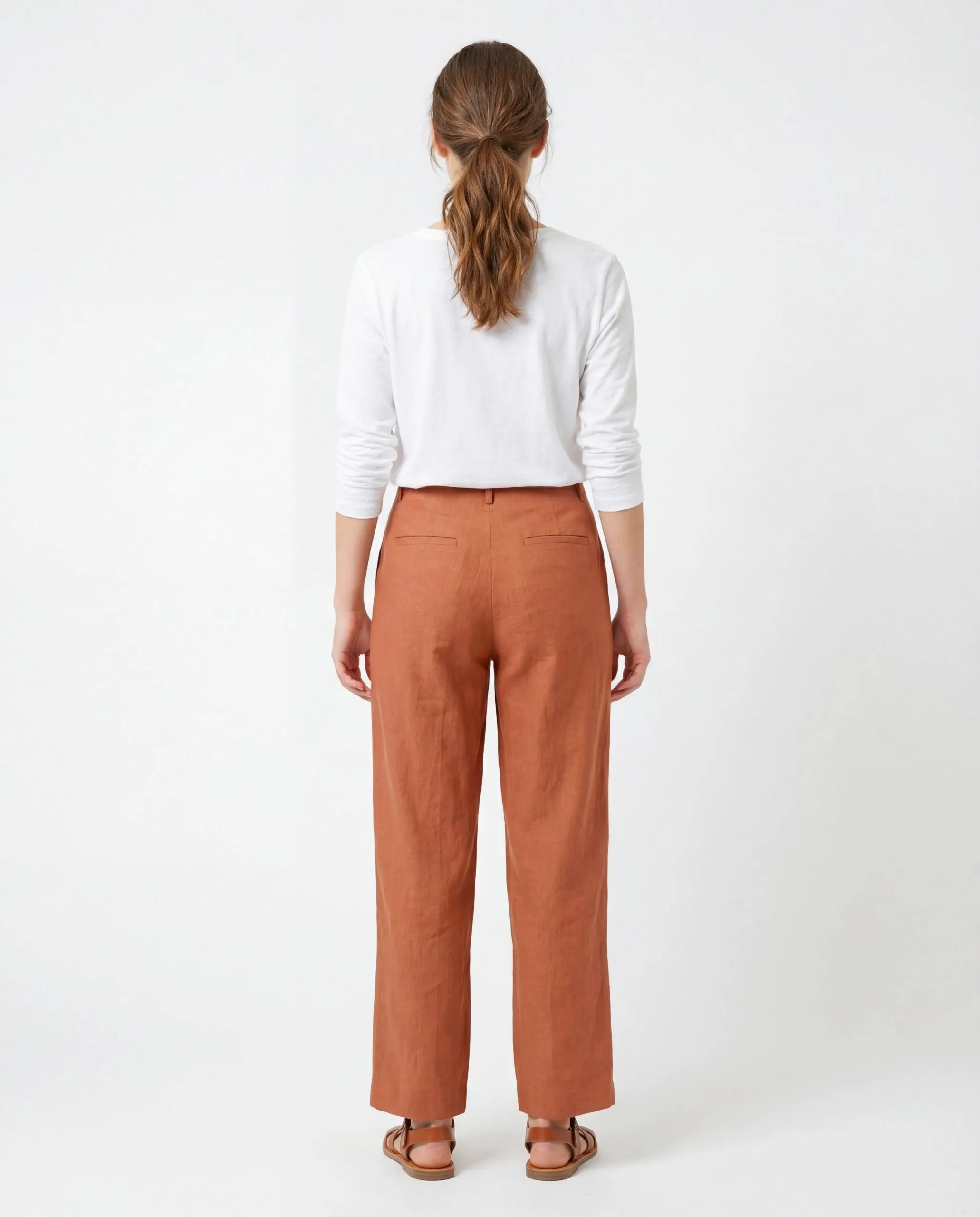 BRUNELLO CUCINELLI women's clay viscose linen casual pants, relaxed straight leg, with back pockets.