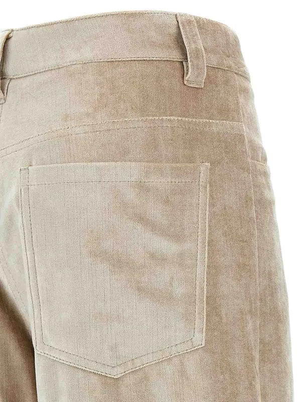 Brunello Cucinelli pink beige cotton viscose trousers with textured fabric, back patch pocket, and belt loops.