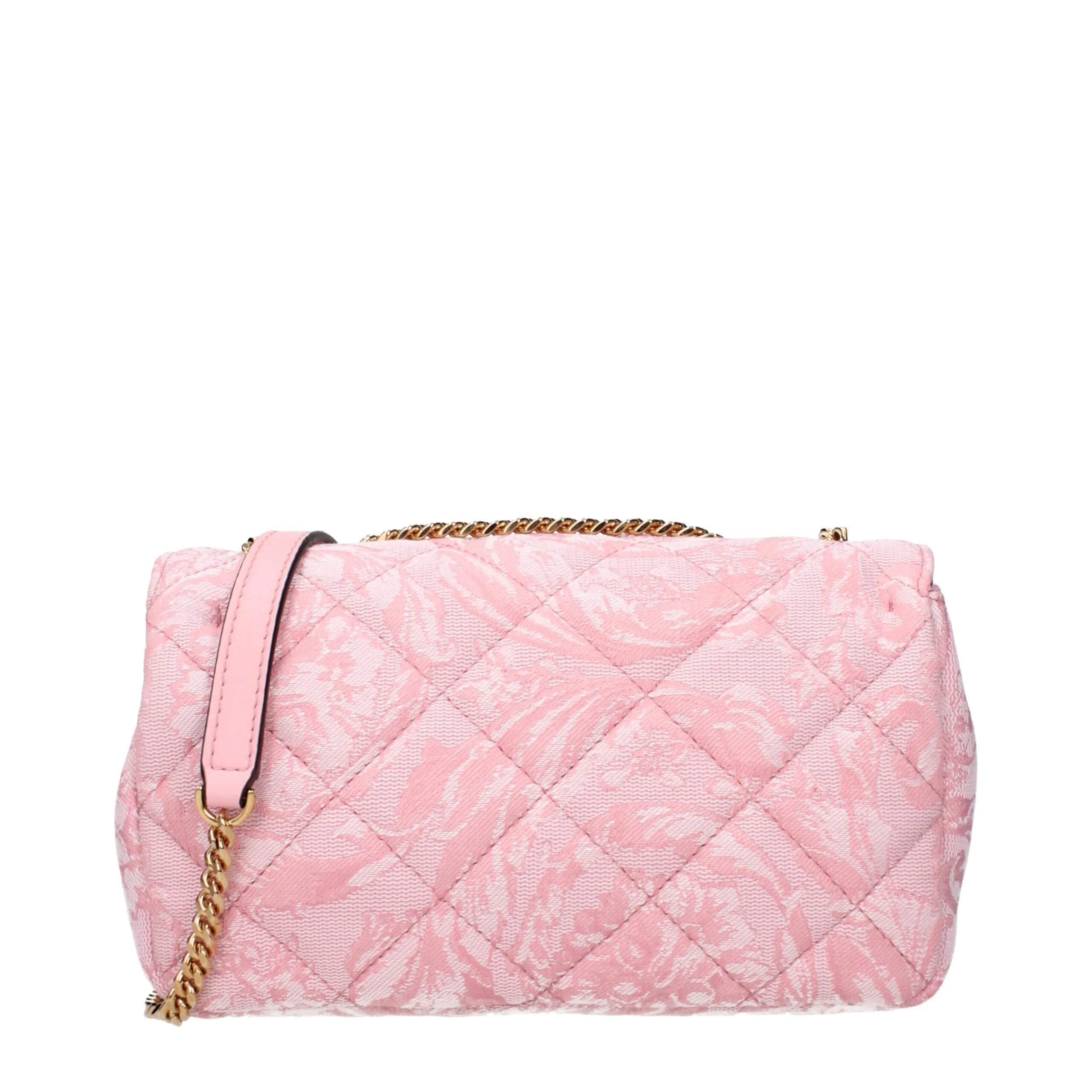 Pink quilted fabric Versace shoulder bag with woven floral pattern and gold chain strap.