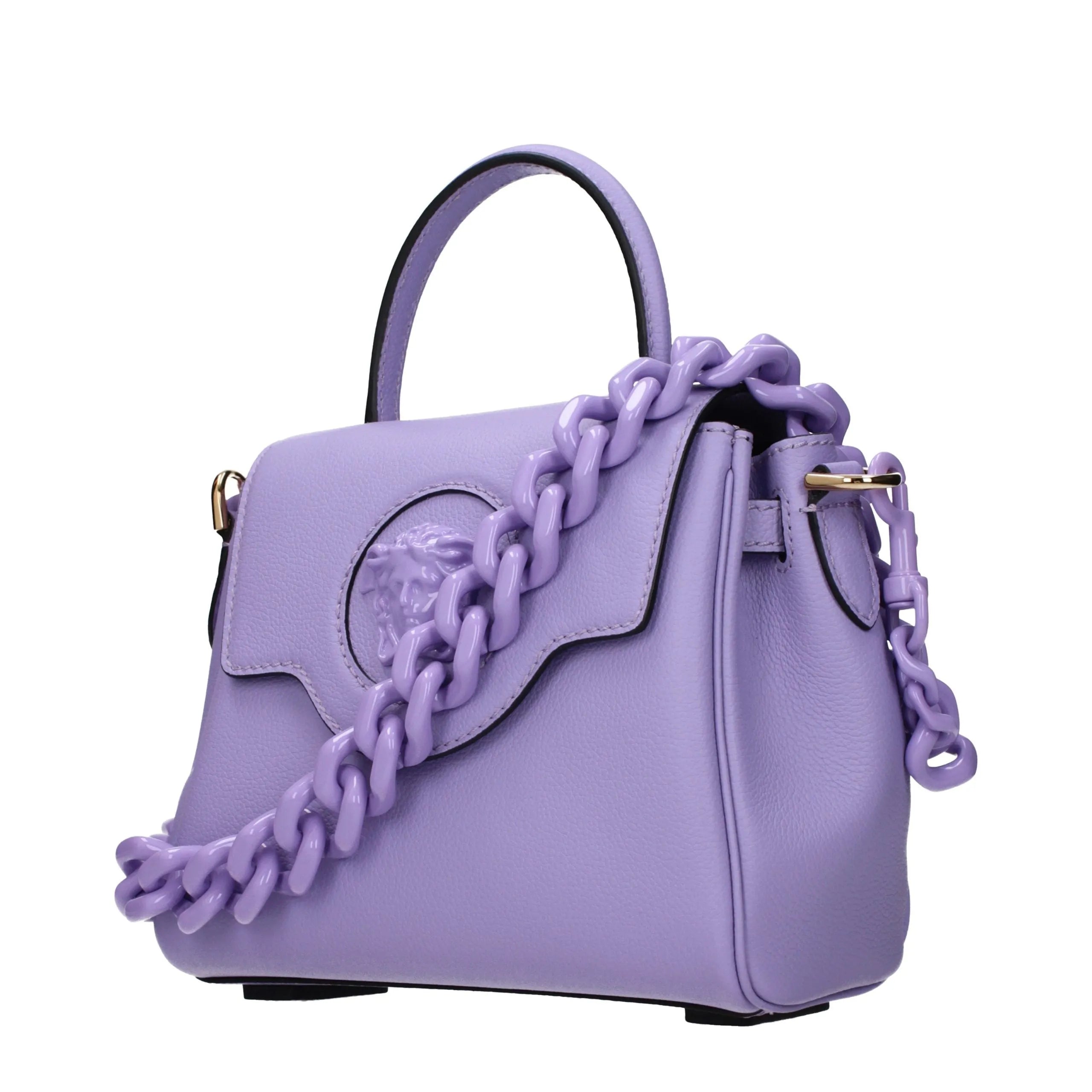 Lavender pebbled leather Versace handbag with Medusa head emblem, top handle, and chunky chain strap.