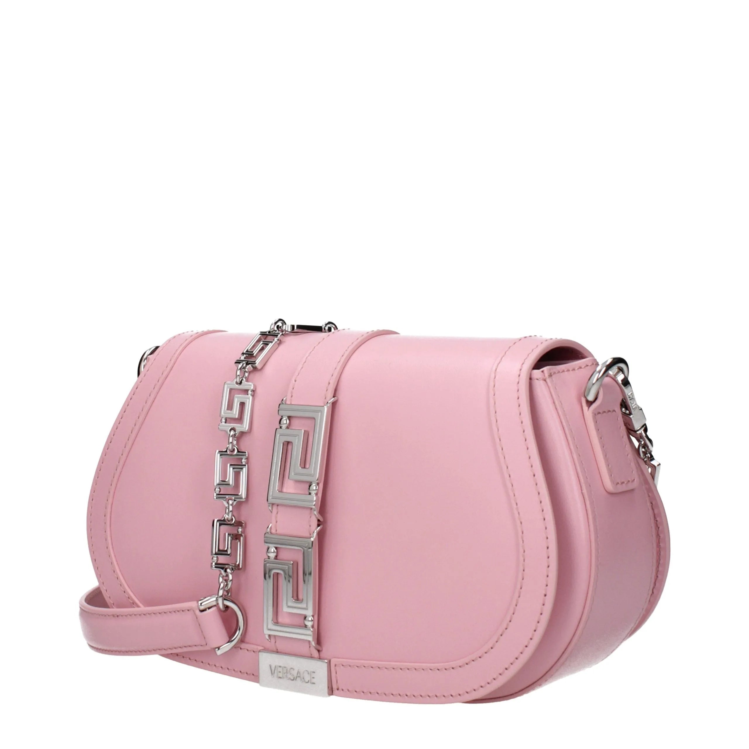 Versace pink leather shoulder bag with silver Greek key chain, front logo plaque, and adjustable strap.