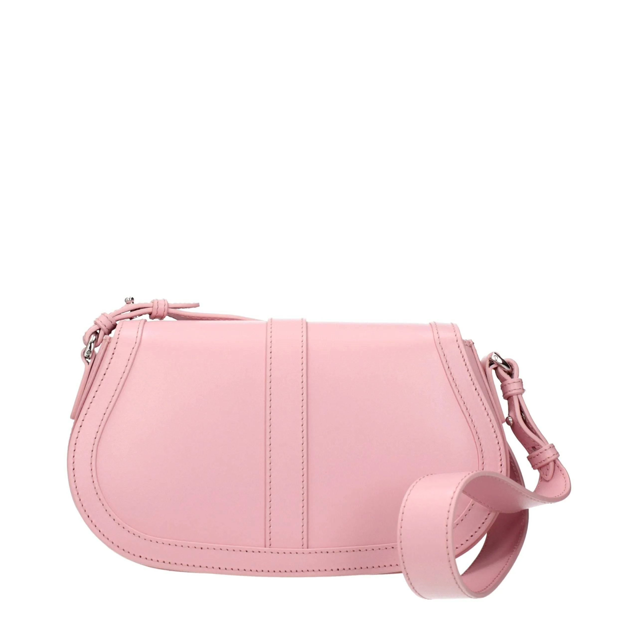 Elegant pink leather shoulder bag by Versace, featuring a crescent design, adjustable strap, and front vertical leather detail.