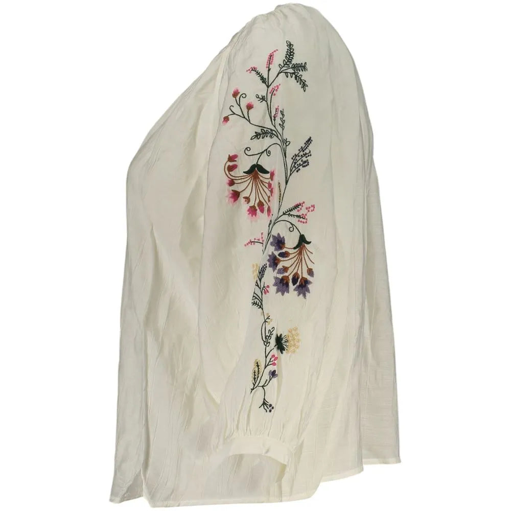 White Desigual 3/4 sleeve viscose shirt with colorful floral embroidery on the arm.