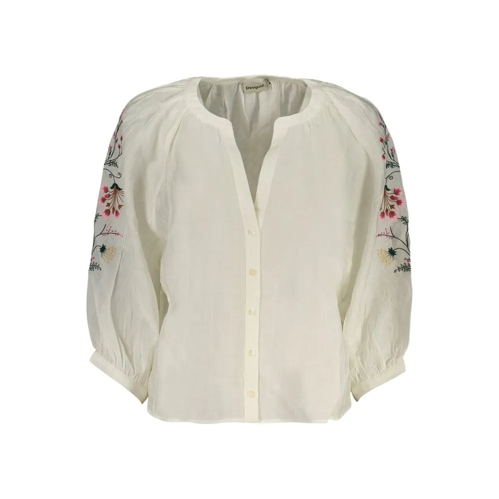 Desigual women's Bianco viscose 3/4 sleeve shirt with V-neck, buttons, and vibrant floral embroidery on sleeves.
