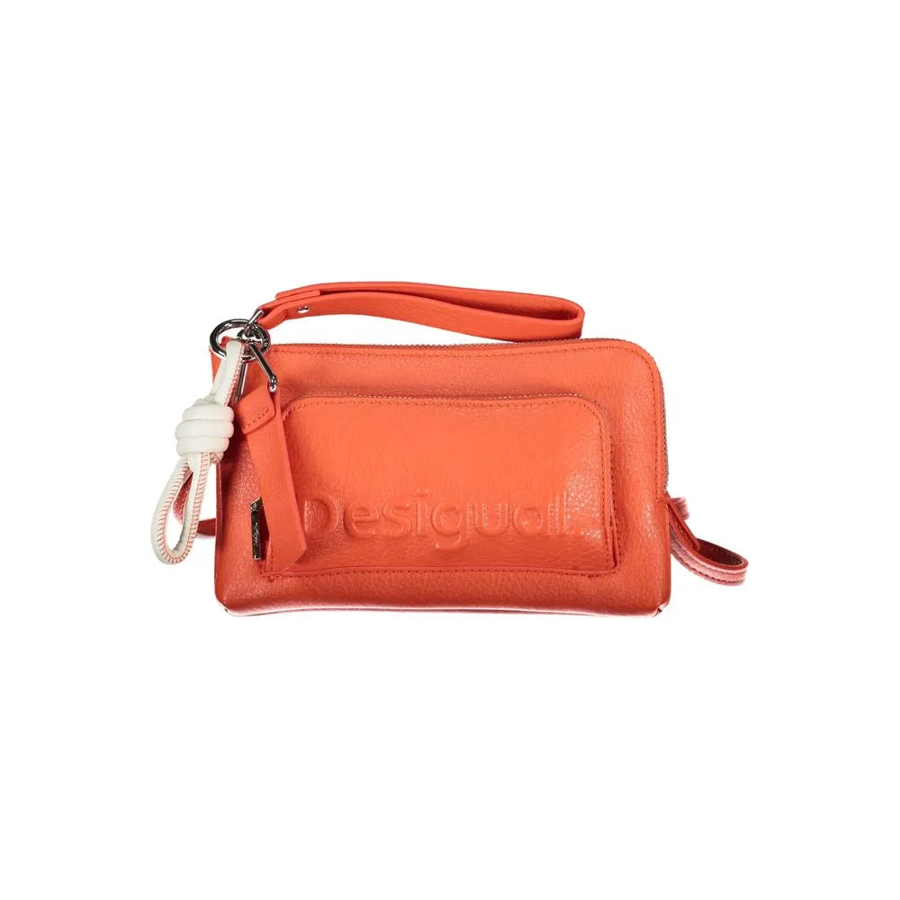 Vibrant coral Desigual polyurethane shoulder bag with embossed logo, zip closure, and white knotted wrist strap.