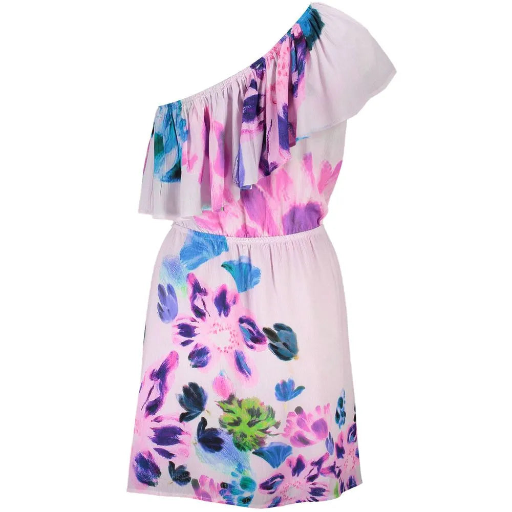 DESIGUAL Rosa Viscosa one-shoulder short dress with ruffled neckline, elastic waist, and colorful floral print.