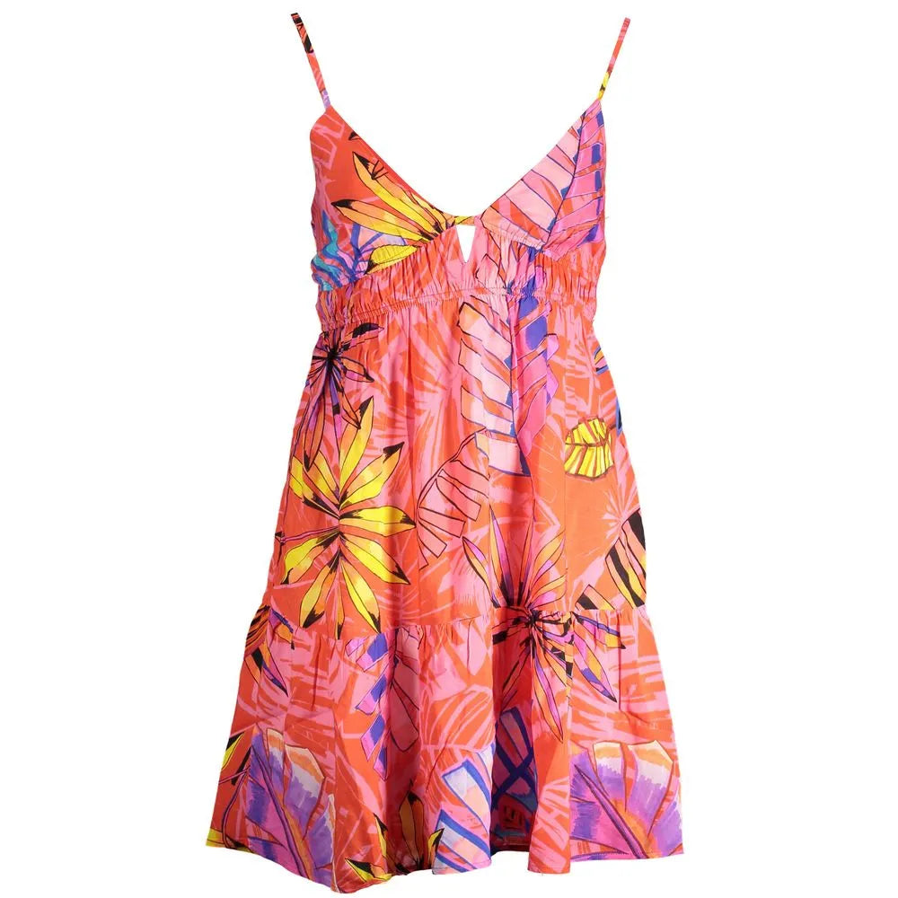 Vibrant Rosso polyester women's short dress with tropical leaf print, V-neck, front cut-out, and adjustable straps.
