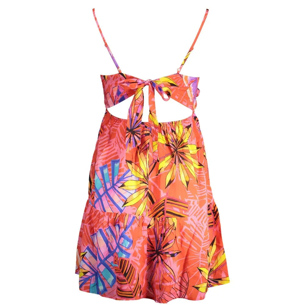 Rosso polyester women's short dress with vibrant tropical leaf print, open back tie, and thin adjustable straps.