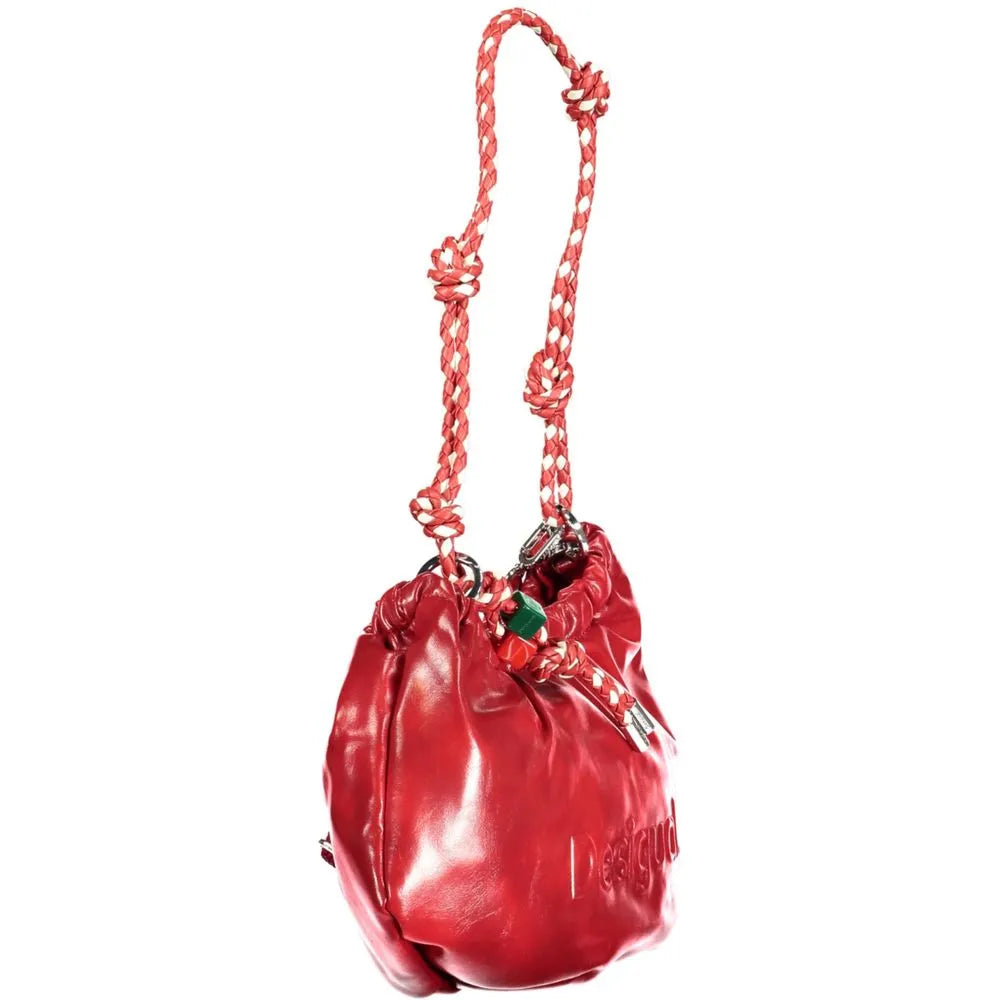 Red Desigual polyurethane drawstring handbag with a distinctive red and white braided rope strap and embossed logo.