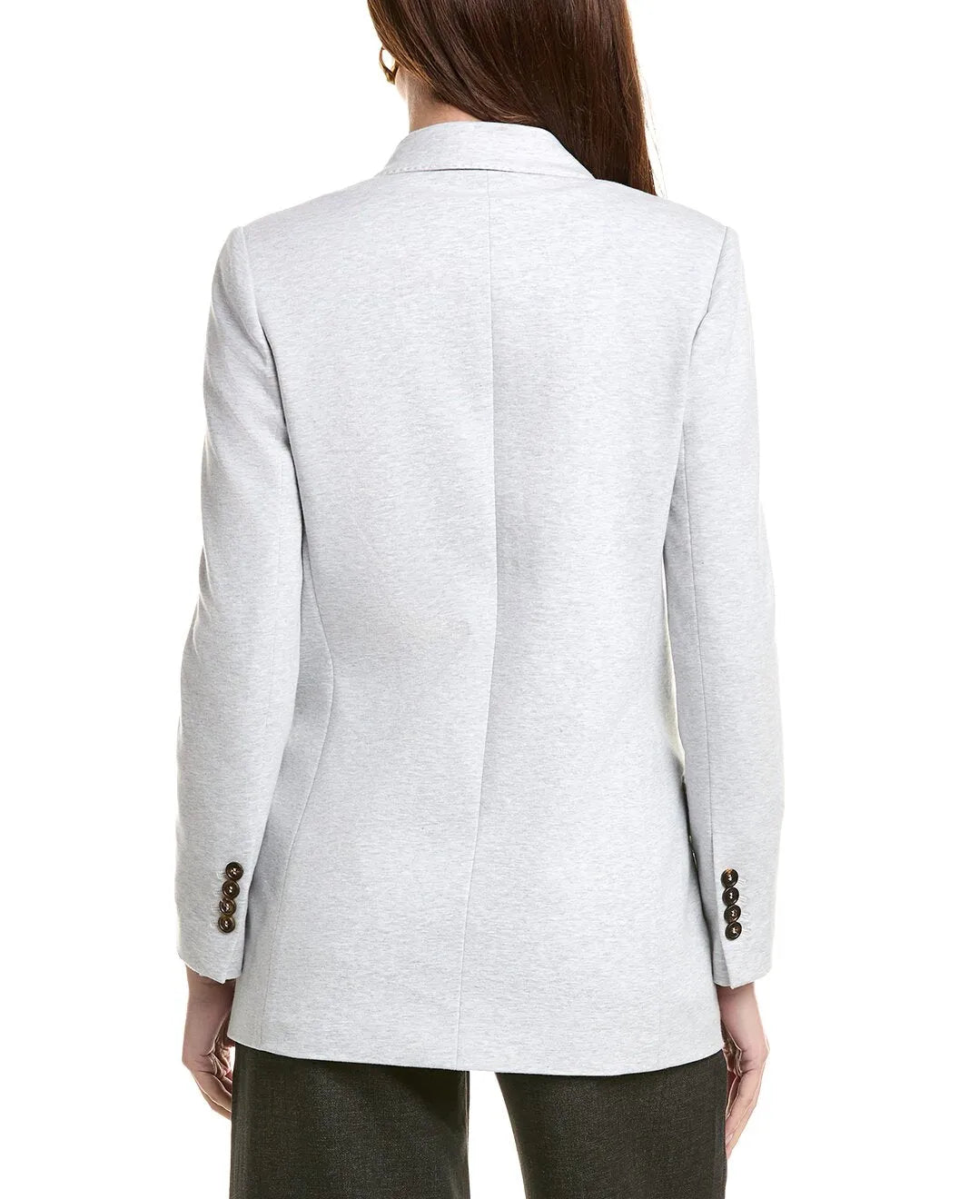 Brunello Cucinelli women's silver cotton blend blazer, back view, with tailored Italian design and brown cuff buttons.