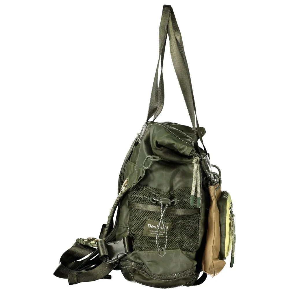 Desigual Verde polyester women's convertible backpack/shoulder bag. Features mesh pocket, chain, zippered bottom, and removable tan pouch.