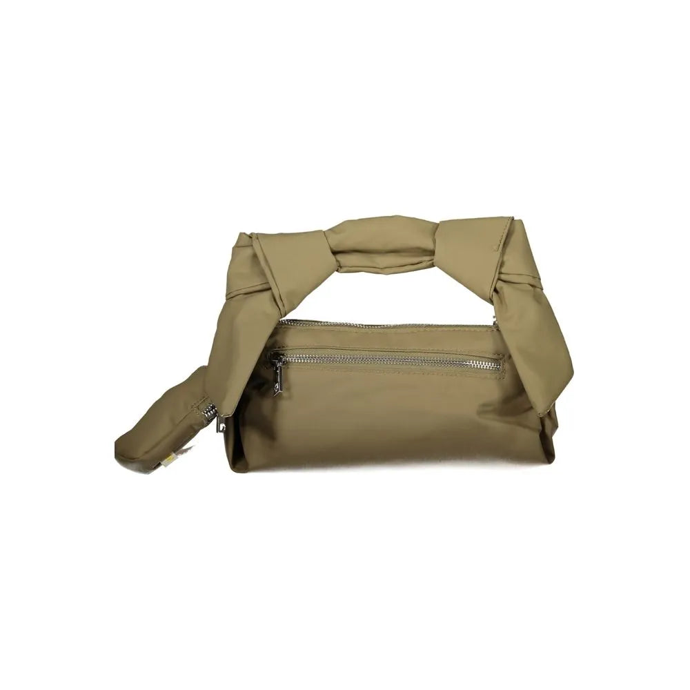 Verde polyester women's handbag featuring a unique knotted top handle and a prominent silver front zipper.