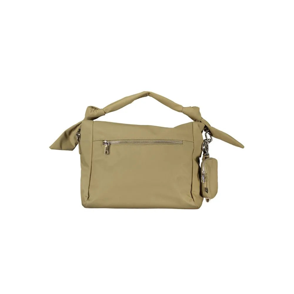 Verde polyester women's handbag featuring a knotted handle, rear zipper pocket, and a detachable mini coin purse.