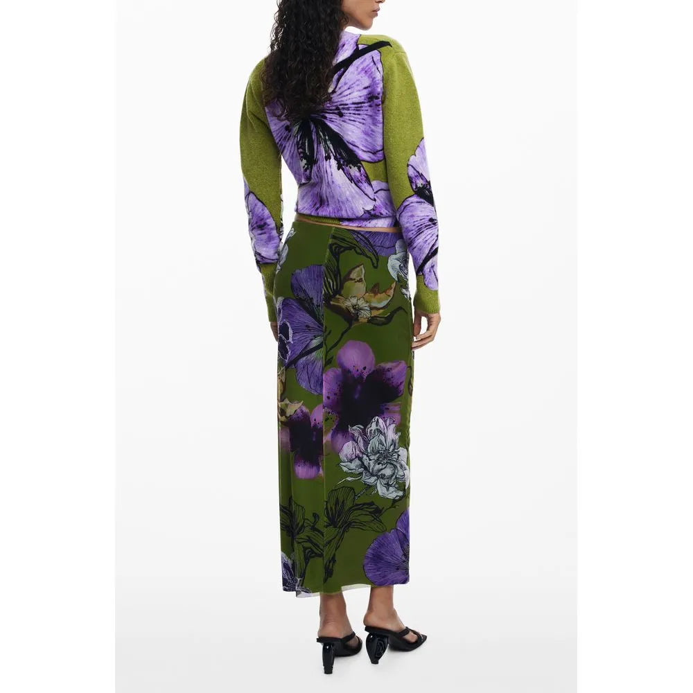 Green polyester women's long skirt with elastic waist and matching top, adorned with vibrant purple floral print.