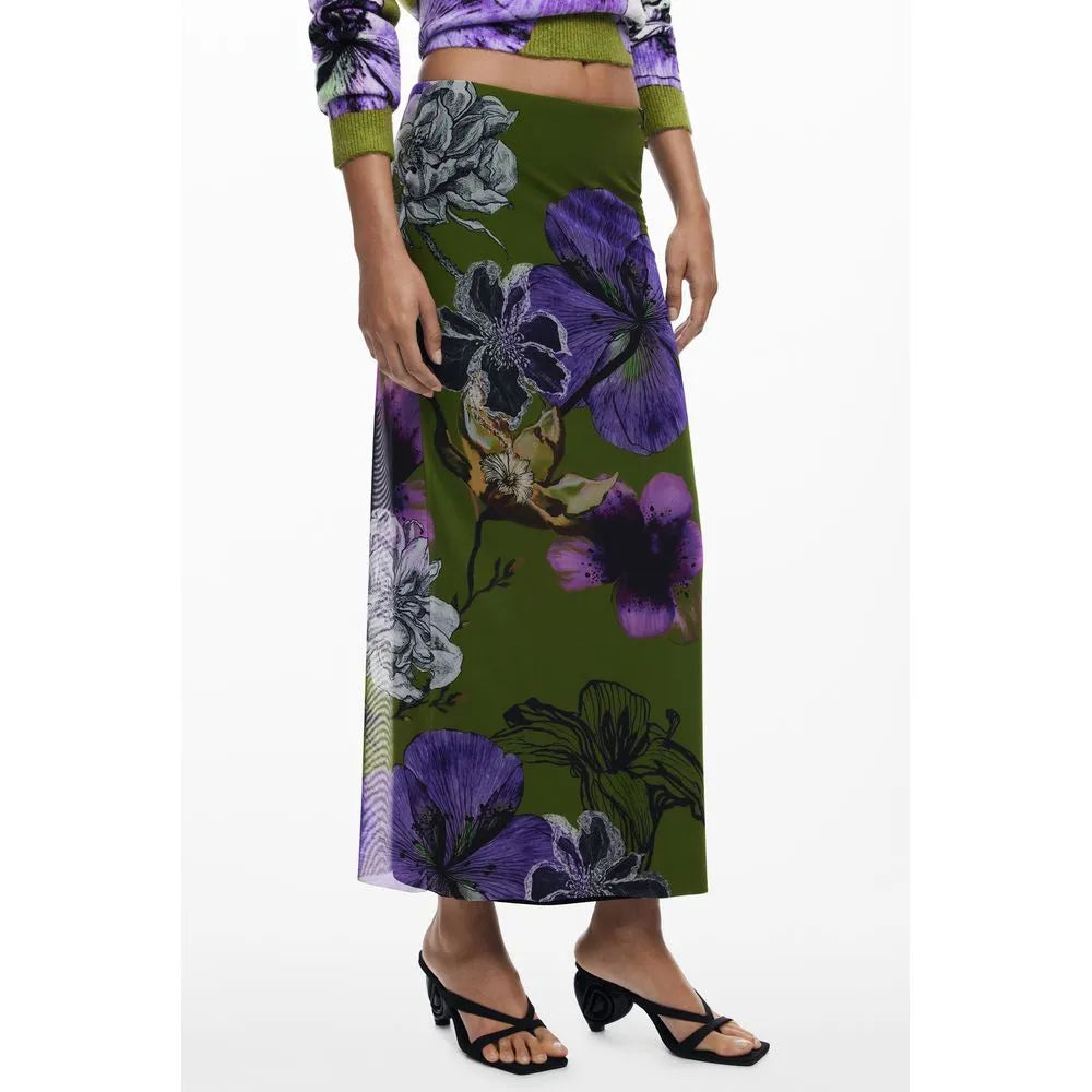 Women's olive green polyester maxi skirt with vibrant purple and white floral print, elastic waist.