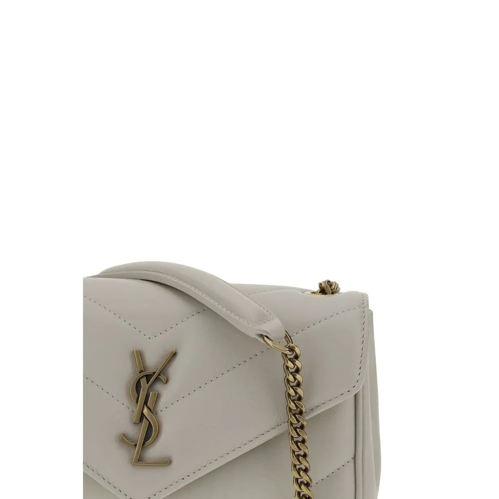 White Saint Laurent Lou Lou lambskin shoulder bag with chevron quilting, antique gold YSL logo, and chain strap.