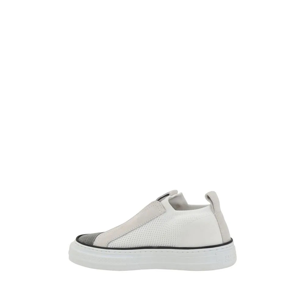 White Brunello Cucinelli low-top nylon sneakers with perforated mesh, light grey suede, and thick rubber sole with monogram.
