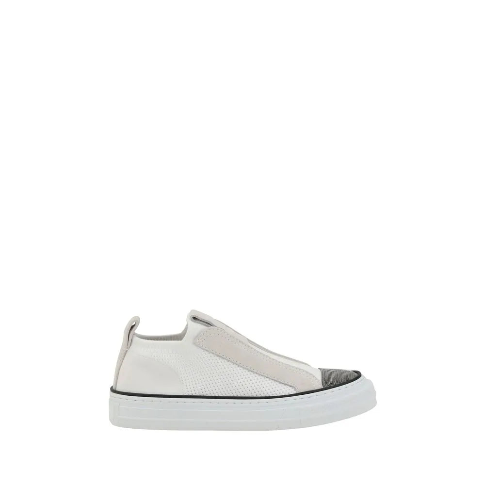 Brunello Cucinelli white nylon low-top slip-on sneaker with perforated mesh and light grey suede details.