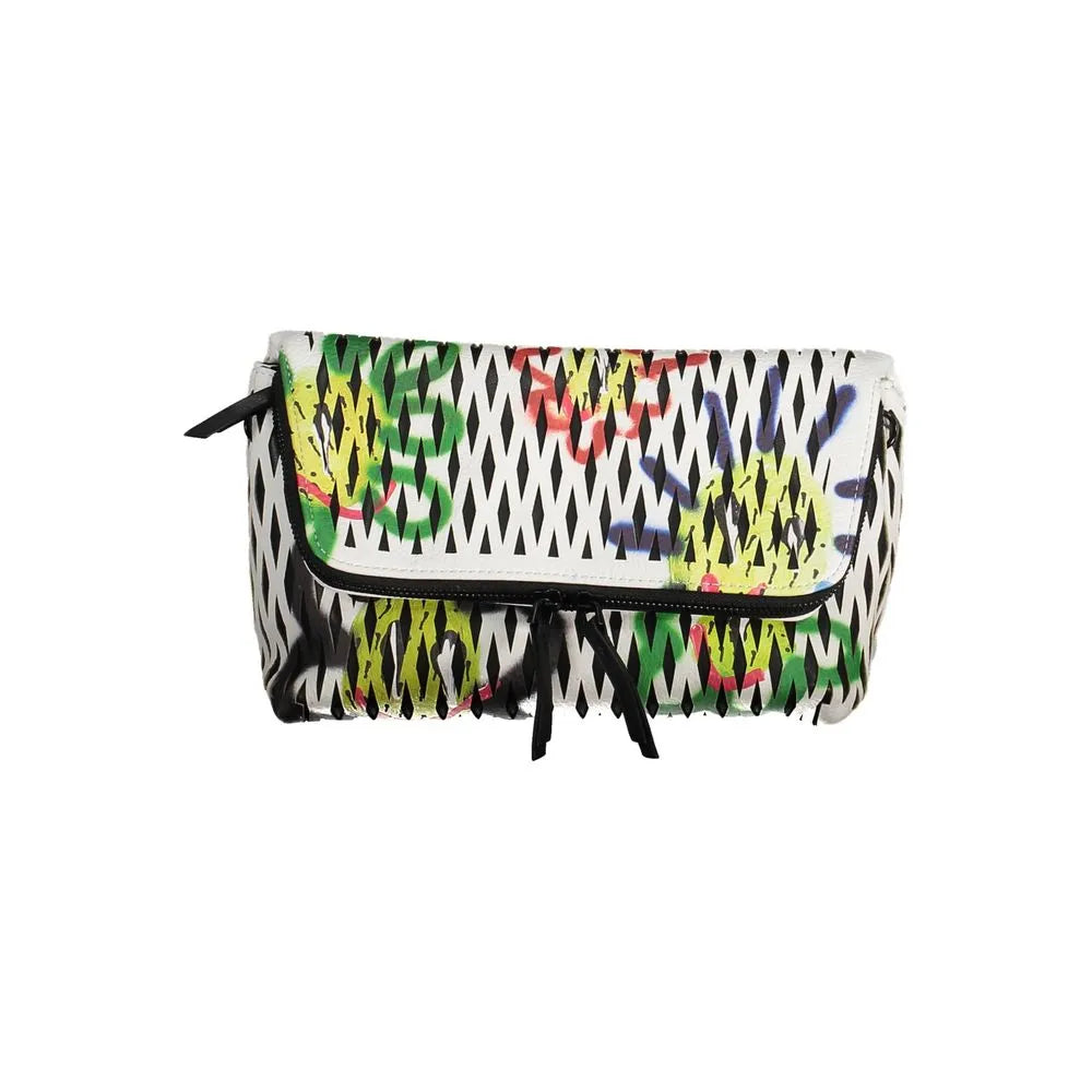 White Desigual polyurethane handbag with black and white diamond pattern and multi-color graffiti print, featuring a flap and zip closure.