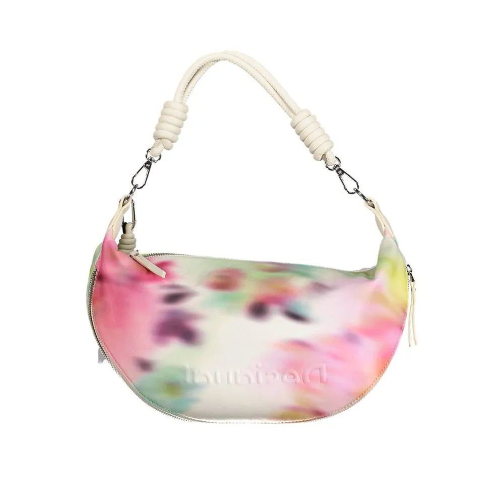 Desigual white polyurethane crescent handbag with vibrant pink, green, yellow tie-dye pattern and knotted strap.