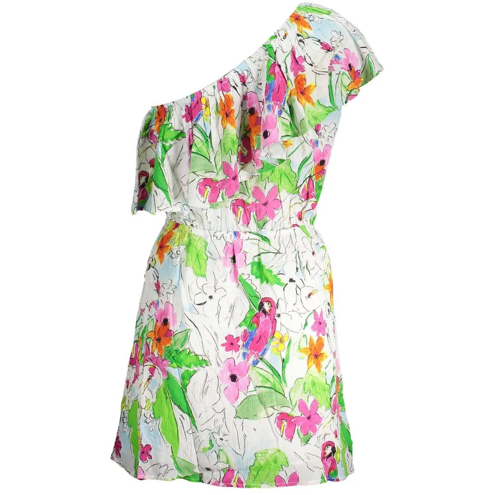 White viscose one-shoulder dress with colorful floral & parrot print, ruffled detail, and elastic waist.