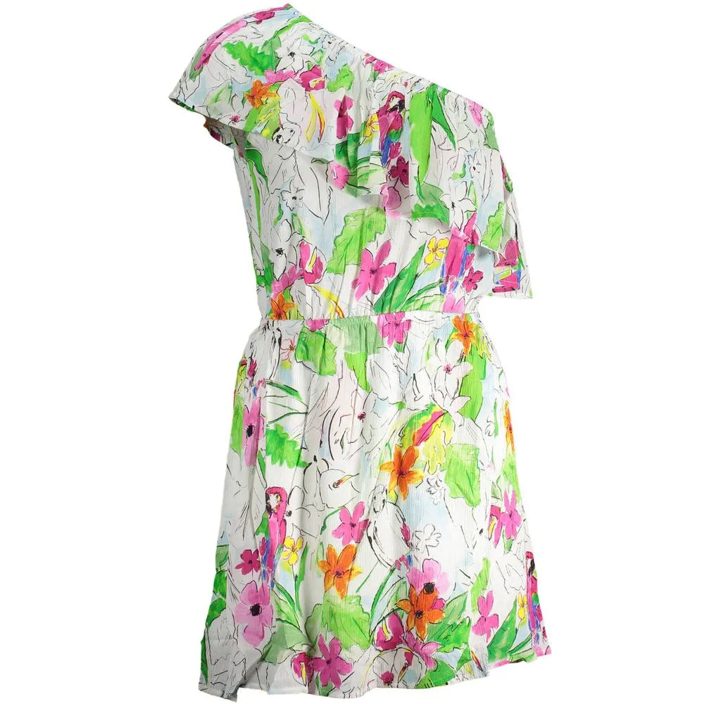 White viscose one-shoulder short dress with vibrant tropical floral print, ruffle detail, and elastic waist.