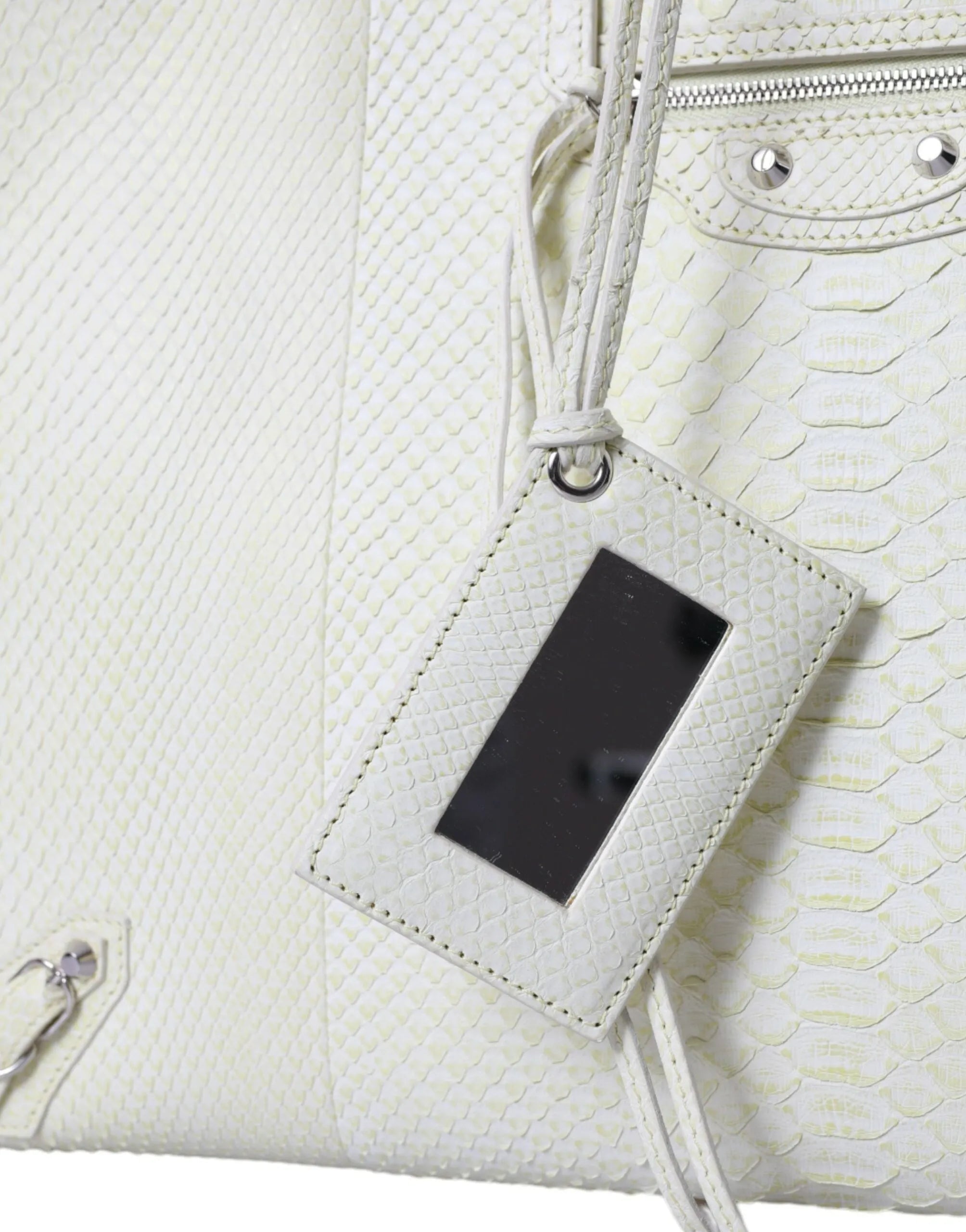 White and lemon yellow python Balenciaga Papier tote bag with mirrored tag and silver studs.