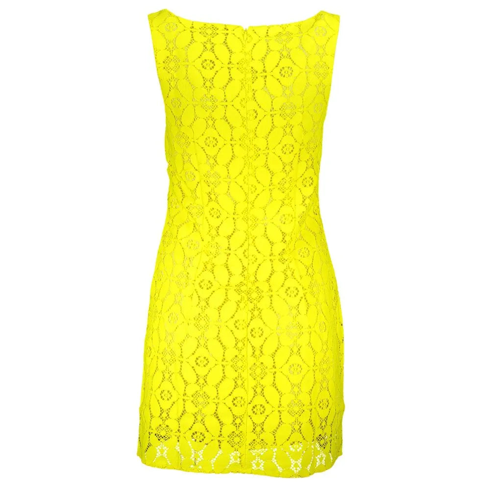 Vibrant yellow polyester sleeveless short dress, back view, with an intricate geometric pattern and boat neckline.