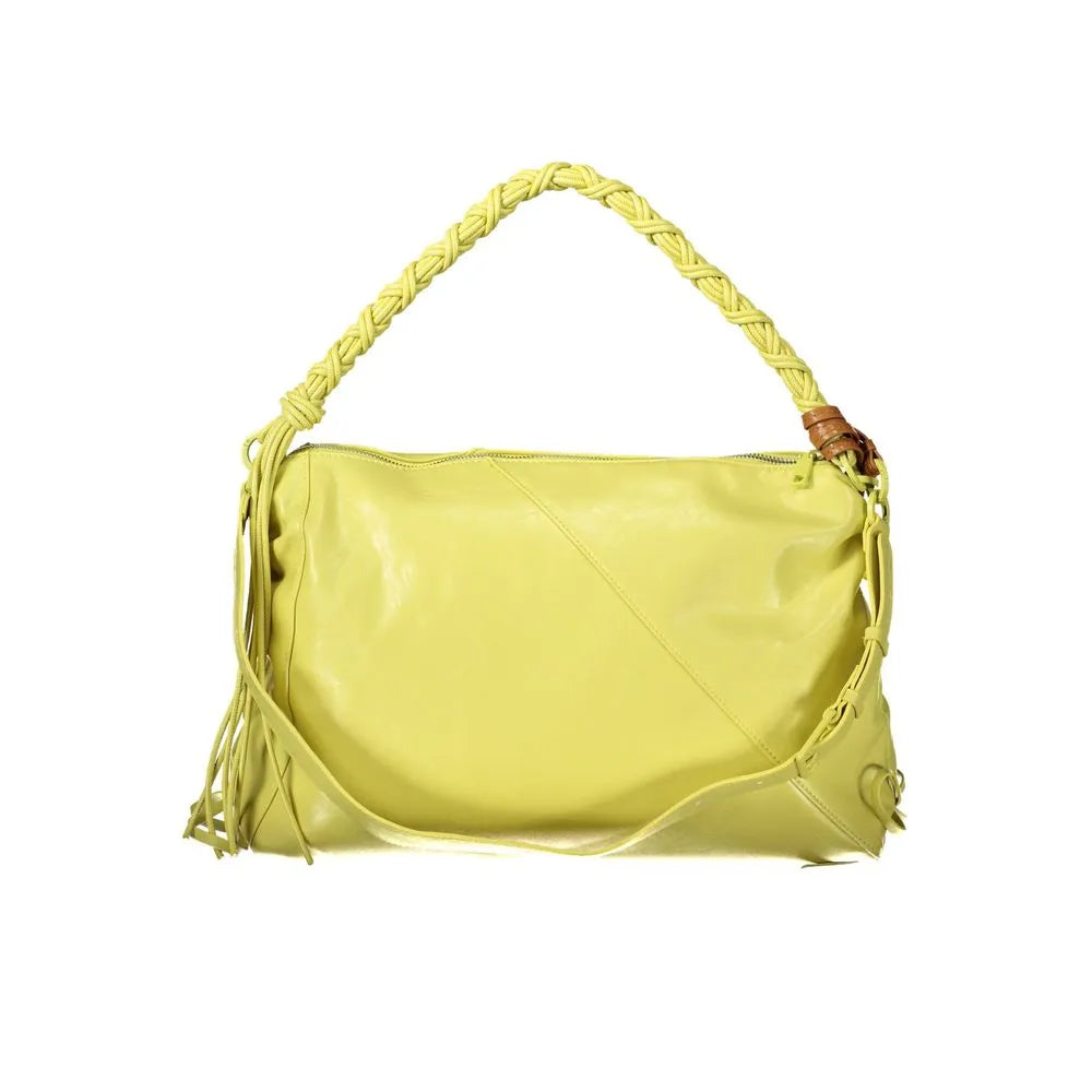 Yellow polyethylene handbag with braided top handle, removable shoulder strap, zip closure, and side tassels.