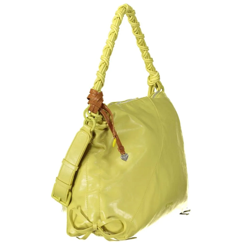 Vibrant yellow polyethylene Leiria Rodio handbag with braided handle, removable strap, brown tie, and bottom bow details.
