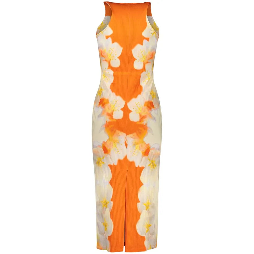 Orange ribbed sleeveless maxi dress with cream floral panel, white & yellow flowers, and front slit. 90% cotton, 10% polyamide.