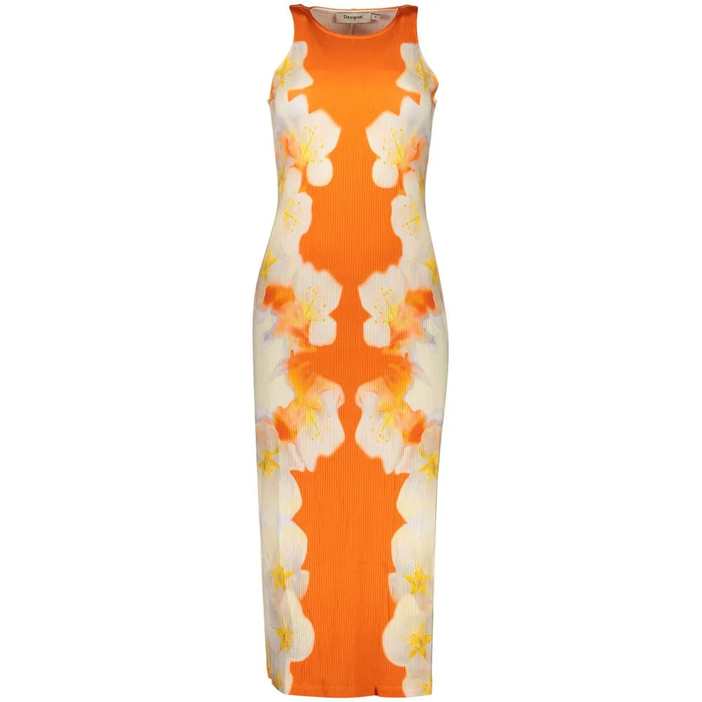 Orange ribbed sleeveless maxi dress with symmetrical white and yellow floral pattern.