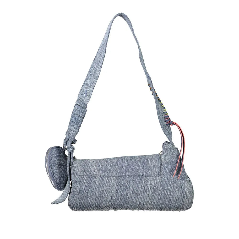 Azzurro cotton denim shoulder bag with a removable heart coin purse and colorful strap details.