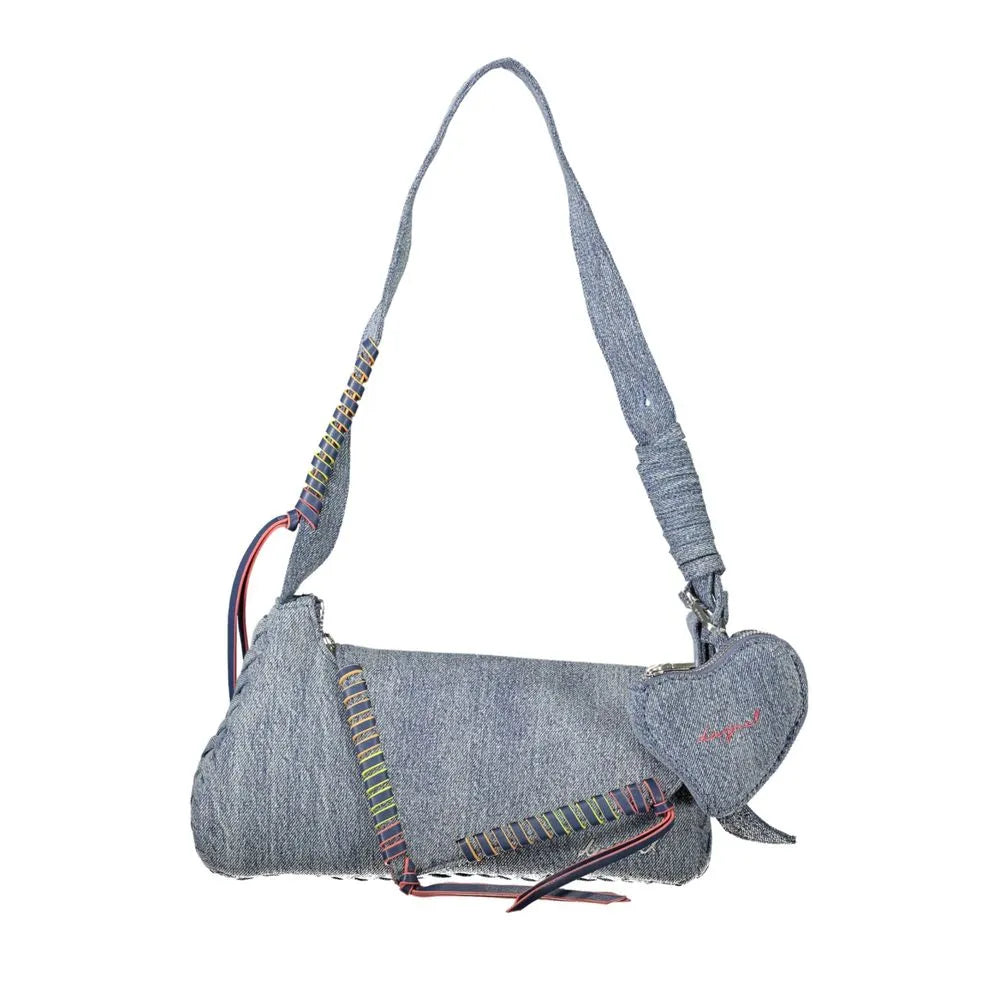 Azzurro cotton denim shoulder bag with vibrant multi-color lacing details, smart strap, and removable heart coin purse.