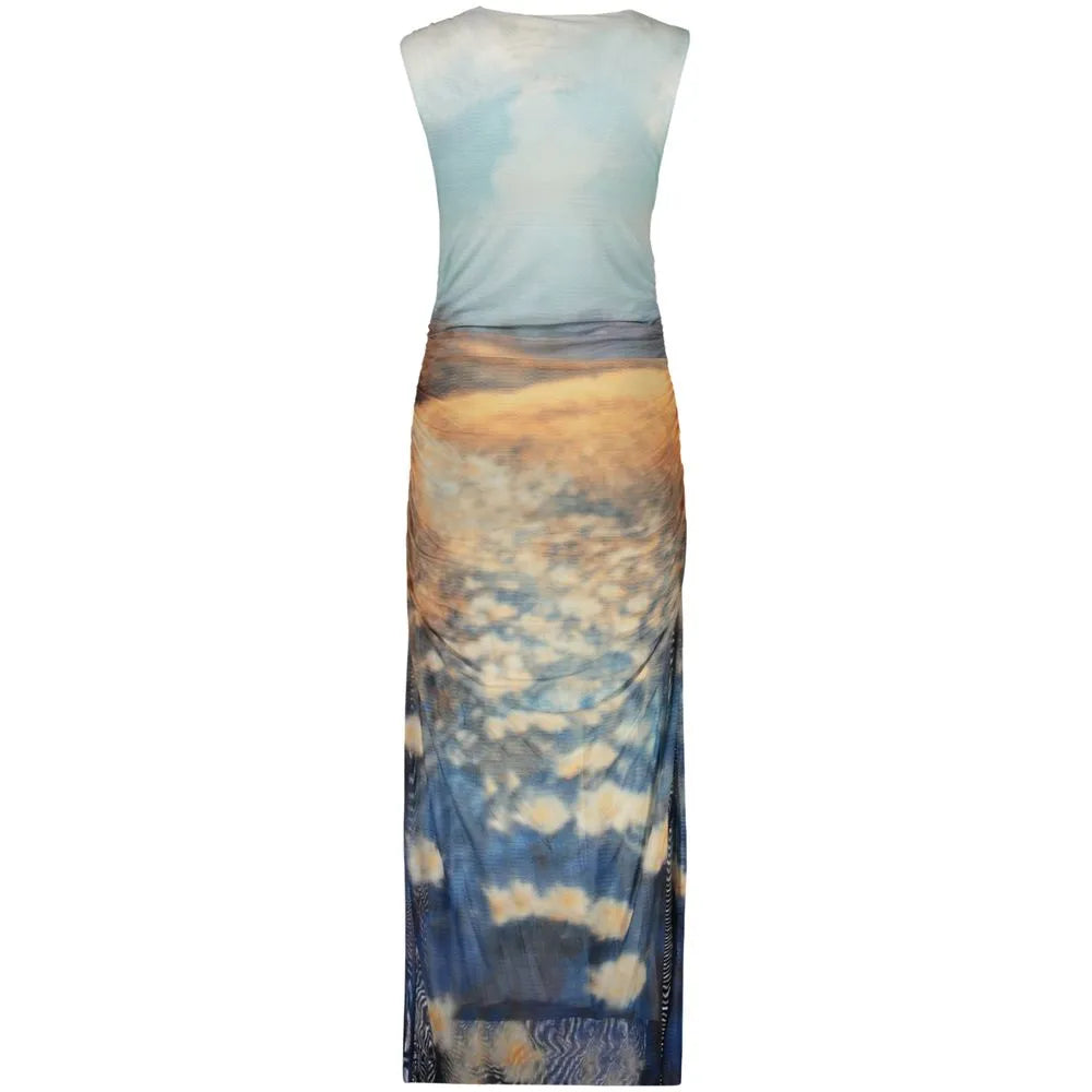 Azure DESIGUAL Vermont long polyester tank dress with vibrant abstract sunset and ocean print.