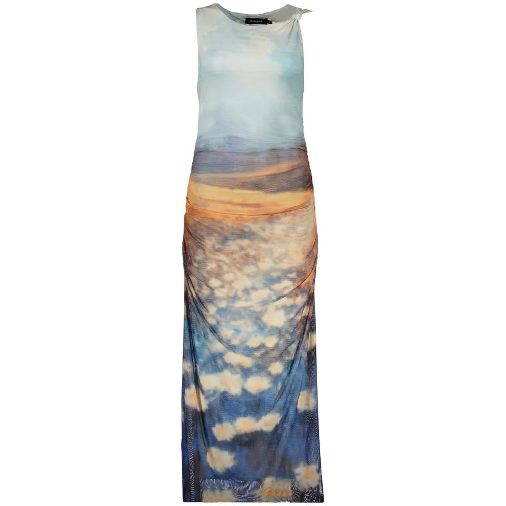 Azzurro polyester women's long tank dress featuring a vibrant azure, orange, and white abstract landscape print with ruched sides.