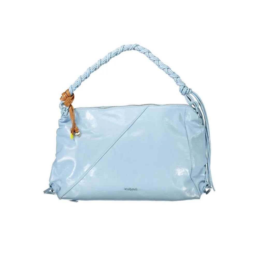 Azzurro Desigual Leiria Rodio polyurethane handbag with braided shoulder strap, zip closure, and cinched sides.