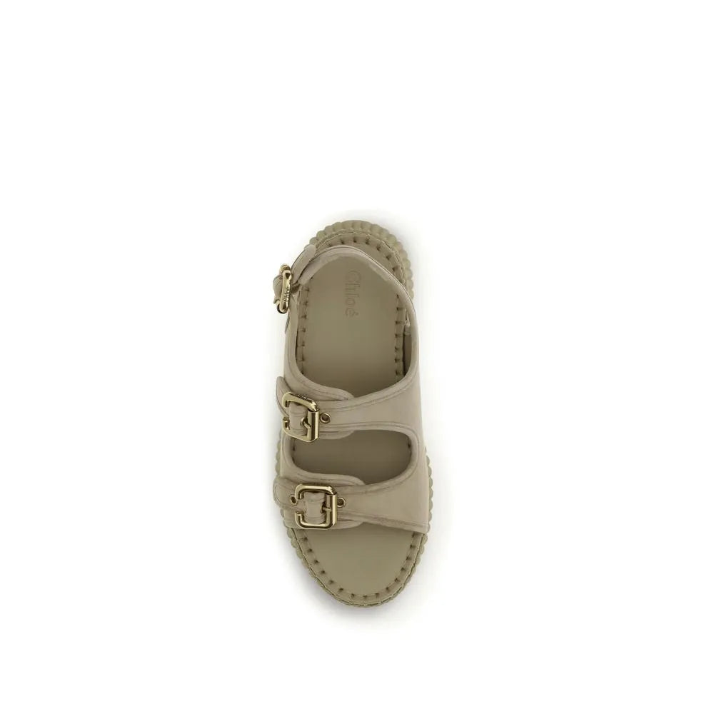 Chloé Nama beige calf leather platform sandals featuring double straps, gold buckles, and a stitched recycled sole.