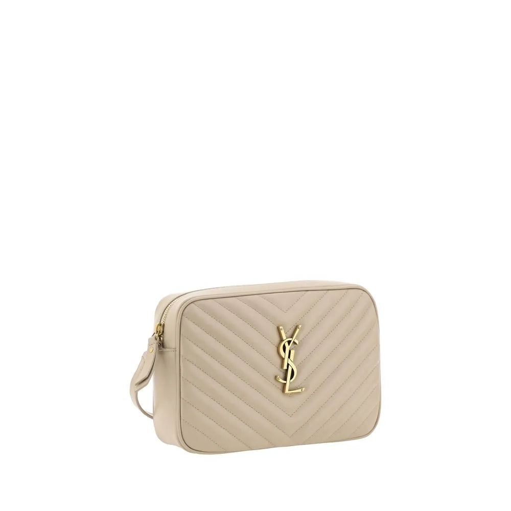 Beige calf leather Saint Laurent LouLou shoulder bag, chevron quilted with gold YSL logo and top zip.